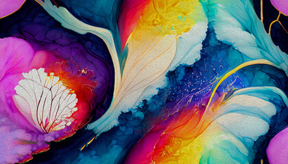 Rainbow abstract luxury flower Inkscapes. Watercolour landscape, texture, marbling, Alcohol ink, Fluid chaos, art, kintsugi style and liquid marble and watercolor.Oil painting.
