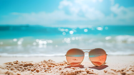 Fototapeta na wymiar Summer Beach Vacation Sunglasses on Sandy Shore with Sea Background