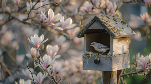 Birdhouse and small bird on a blooming magnolia tree in the garden