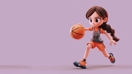 A cartoon basketball player with a ball isolated on gray background