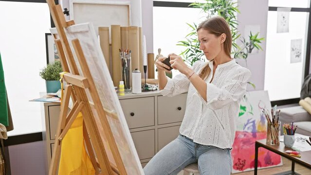 A focused woman photographing her painting in a creative studio with a smartphone.
