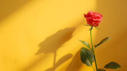 Elegant Pink Rose with Shadow on Bright Yellow Background