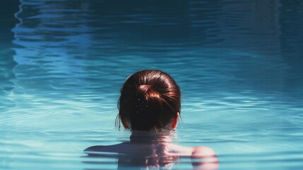Person enjoying solitude in a swimming pool, captured from behind, highlighting the peacefulness and introspection of a quiet swim.