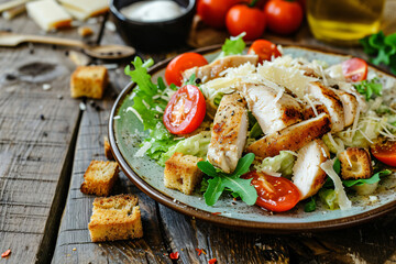 Photo caesar salad with chicken fillet tomatoes - obrazy, fototapety, plakaty