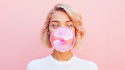Chic young woman in white blowing a big bubblegum bubble, with a vivid pink background, depicting modern beauty and playful spirit.