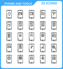 set of smartphone icons and several applications in them, line style and detailed