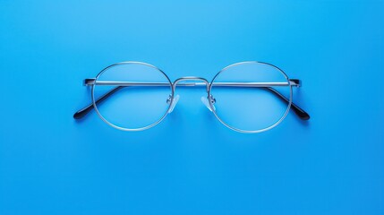 Modern spectacles with transparent edges on a vibrant blue background, perfect for contemporary optical adverts, highlighting clarity and vision with space for text.