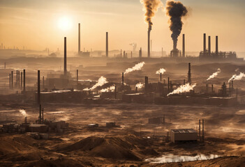Un centre industriel avec des usines et cheminées qui crachent de la fumée qui polluent en plein désert sous un grand soleil - generative IA.jpg - obrazy, fototapety, plakaty