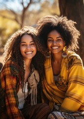 Fototapeta premium Two beautiful African women enjoying time together. Generative AI.