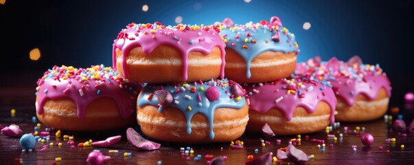 Fototapeta na wymiar Tasty colorful donuts with sprinkles on a dark background. Generative AI.