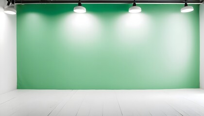 Green screen with four spotlights in a white studio set