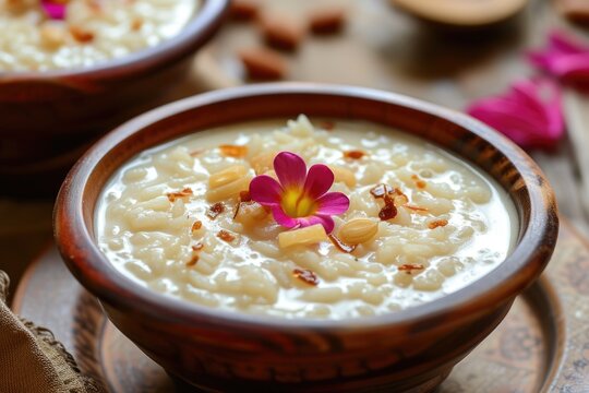 Kheer (payasam) A creamy and sweet rice pudding Indian dish, made by boiling milk, sugar or jaggery, and rice