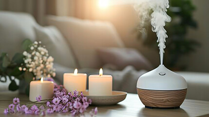Aroma oil diffuser candles and flowers on table