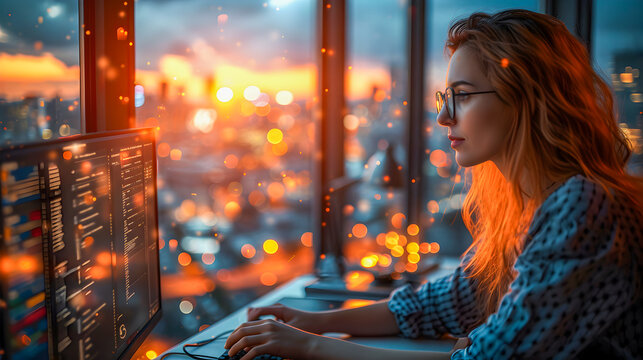 Focused woman working on computer code as the sun sets over the urban skyline.