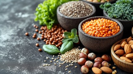 Vegan food with nuts, beans, greens and seeds. A gray background with copy space. - obrazy, fototapety, plakaty