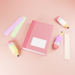 3d illustration of  a pink covered closed books with some pencils and rulers around isolated on pink background