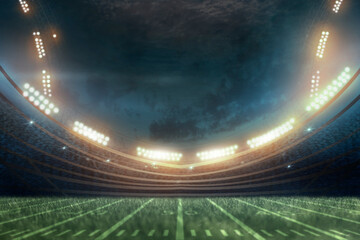 Football field illuminated by stadium lights, american football stadium