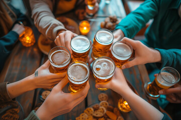 Group of people cheering and drinking beer at bar pub table. - obrazy, fototapety, plakaty