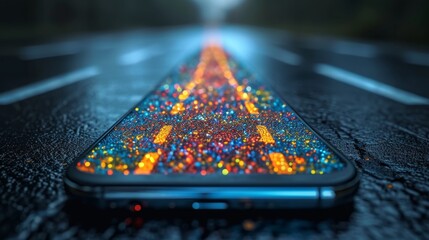 This is a 3D illustration of a real road coming out of a smartphone. Creative ads for online shopping isolated on a white background with a realistic road. - obrazy, fototapety, plakaty