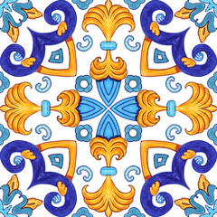 Majolica watercolor seamless pattern. Sicilian hand drawn ornament. Traditional blue and yellow ceramic tiles. Portuguese traditional azulejo pattern. Moroccan style..