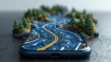 An illustration of a 3-dimensional road coming out of a smartphone, a realistic road in a mobile phone. This mockup is placed on a white background, representing the concept of an online shopping - obrazy, fototapety, plakaty