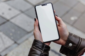 Mockup image of a woman's hand holding a smartphone with a blank white screen.
