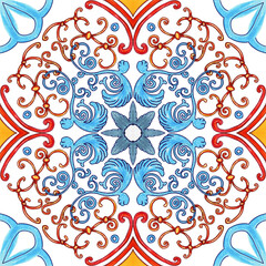 Vintage style ceramic square tile design. Hand drawn endless Italian majolica print. Italian azulejo seamless pattern. Moroccan and Portuguese style of ornament.