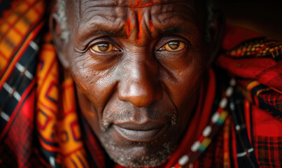 Maasai man in traditional wear and Beads jewelry looking at the camer