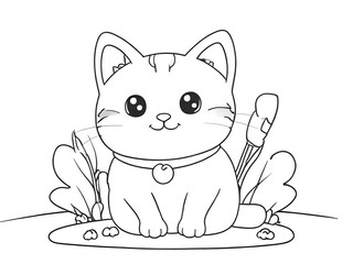 Cute Cat cartoon Coloring Page. Suitable For printable children's, kids and adult coloring page or book