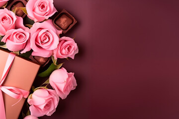 Fototapeta premium bouquet of pink roses and candy. background for valentine's day, birthday, holiday. A beautiful bouquet for congratulations.