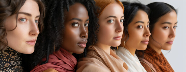 Obraz premium Diverse Female Perspectives - Side by Side. A panoramic portrait of diverse women, showcasing beauty across cultures.