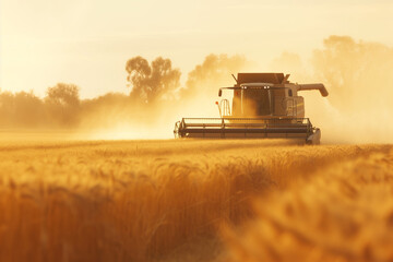 Fototapeta premium Sunset Harvest in the Wheat Fields. A combine harvester at work in a wheat field during sunset, creating a dusty atmosphere.