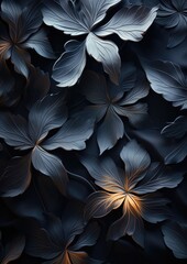 Abstract black background with leaf outlines. Generative AI.