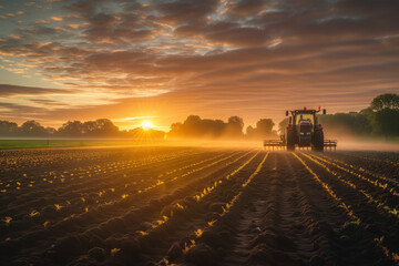 Tractor Tilling Soil at Sunrise in Misty Field. Early morning mist surrounds a tractor tilling the soil in a lush field, highlighted by the sunrise's soft light. - obrazy, fototapety, plakaty