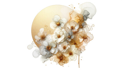 Abstract sakura flowers with fluid alcohol ink paint by pink gold soft tones on white background.