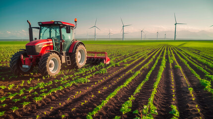 Eco-Friendly Farming at Sunrise. Red tractor cultivating young crops with wind turbines in backdrop.
