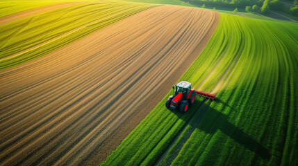 Aerial View of Tractor on Textured Fields. Aerial shot of a red tractor creating texture on green and brown fields, showcasing agricultural patterns.