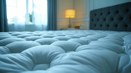 close up, low angle looking across empty white bed mattress
