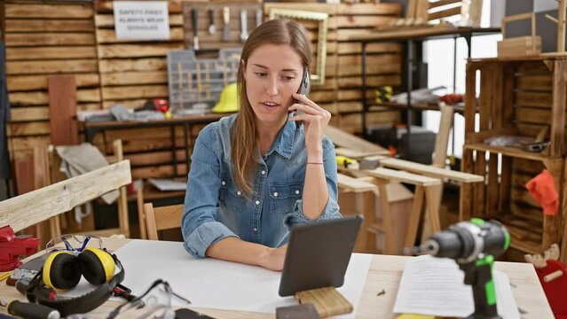 Focused young woman on phone in a woodworking workshop with blueprints and tools around her, exemplifying entrepreneurship.