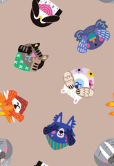 Cartoon portraits of animals playing hide and seek seamless pattern