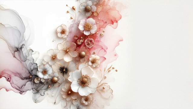Abstract flowers with fluid alcohol ink paint by pink gold soft tones on white background.