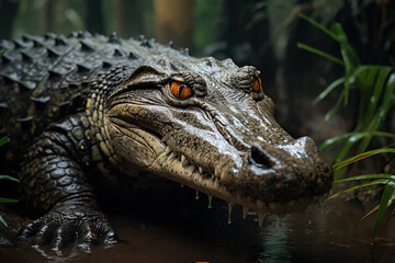 A majestic crocodile emerges from the water in a dense jungle under a cloudy sky.