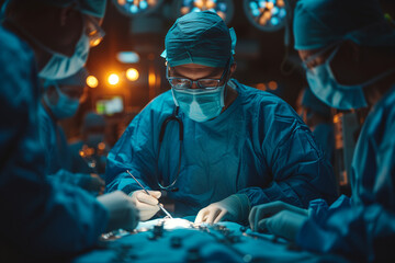 Surgeon team standing in a surgical operation at hospital , surgery in operating room concept. - obrazy, fototapety, plakaty