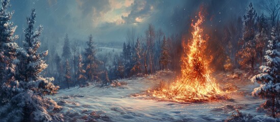 Fototapeta premium Burning Maslenitsa amidst snow and trees.