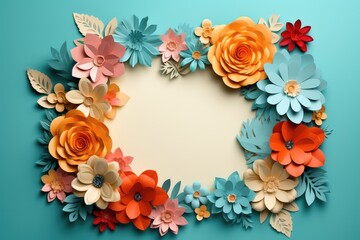Flower frame made of paper flowers and leaves on blue background