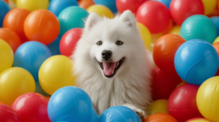 Fototapeta na wymiar Happy Samoyed dog playing in the colorful ball pool in relax time.
