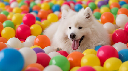 Fototapeta na wymiar Funny Samoyed dog in the colorful ball pool with smile face in happy time. 