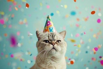 Shorthair cat wearing a colorful birthday hat