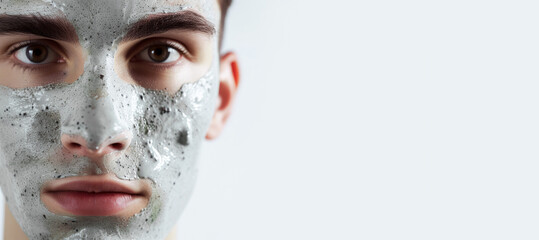 A young guy with a cosmetic mask on his face on a light background with space for text
