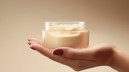 Mock up of jar for packaging cosmetics on woman's hand. Unmarked container with moisturizer close-up on beige background. Concept of skin care, rejuvenation.